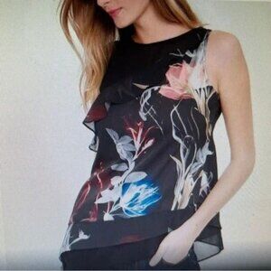 White House Black Market Floral Ruffle Tunic Top XXS